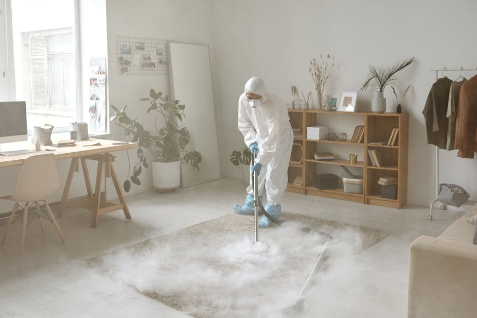 A person operating a yellow industrial cleaning machine on a patterned carpet in an indoor setting. The machine has a black vented section and is being held with both hands, with a visible power cord 